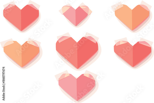 Tape Hearts Artistry. Handcrafted hearts secured by translucent tape pieces arranged with playful symmetry, modern flat vector