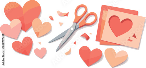 Scissors Hearts Design. Hand-cut heart silhouettes arranged as if freshly trimmed from paper, modern flat vector illustration