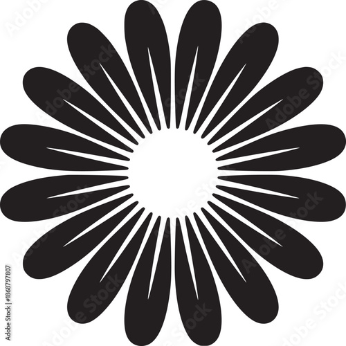 Black and white flower with elongated petals radiating from a central white circle design element