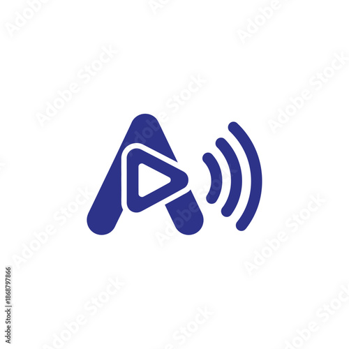 A stylized letter A with a play button and sound waves emanating from it, representing multimedia content, in a modern digital environment from a straightforward viewpoint