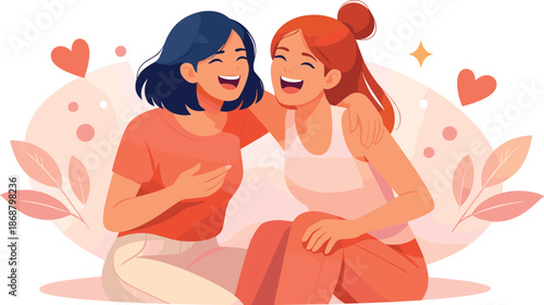 Joyful Friendship Moment. Playful friendship scene expressed through two figures laughing together with open body language, modern