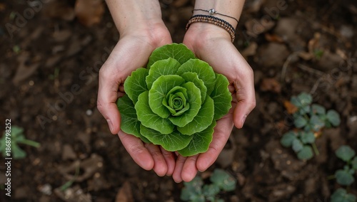 Person Holds Large Green Plant With Care in Hands Above Soil in Garden During...