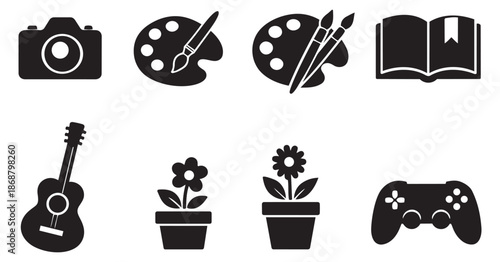 Glyph icon hobby and leisure set featuring a camera, painting palettes, an open book, a guitar, potted flowers, and a game controller for creative pursuits and leisure activities