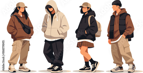 Trendy Street Fashion. Fashion-forward figures wearing oversized hoodies, sneakers, and casual layers in relaxed stances, modern