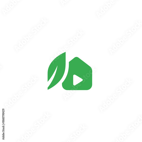 Modern mobile app logo design with green leaves and play button symbolizing eco-friendly technology and innovation