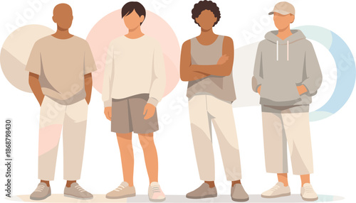 Gender Neutral Minimalism. Inclusive figures dressed in minimalist neutral outfits conveying identity without gender markers,