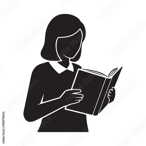 A woman with short hair wearing a collared shirt and reading an open book with visible pages isolated on transparent background