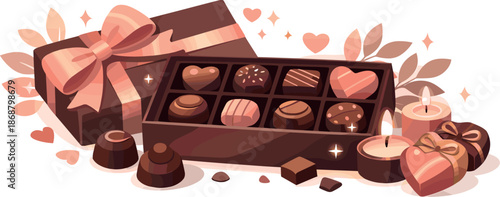 Romantic Chocolate Box. Romantic chocolate gift scene showing a neatly arranged box of confections with glowing accents and