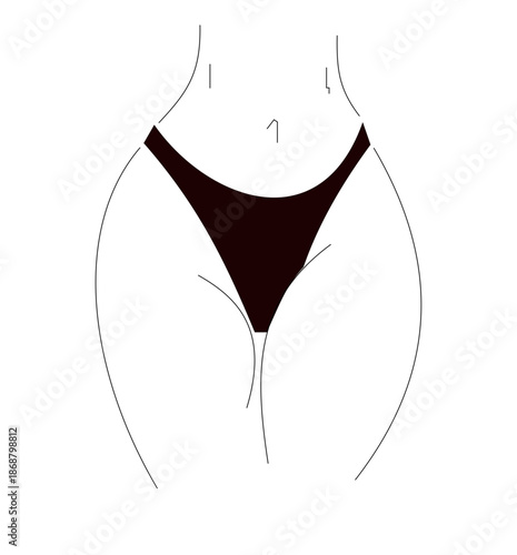 Minimalist line drawing of human torso wearing dark bikini bottom, outlined with clean geometric strokes.