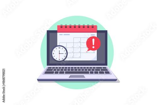 vector illustration of Laptop, Calendar And Clock With Alert Icon Highlighting Time Management And Deadlines In Office Setting