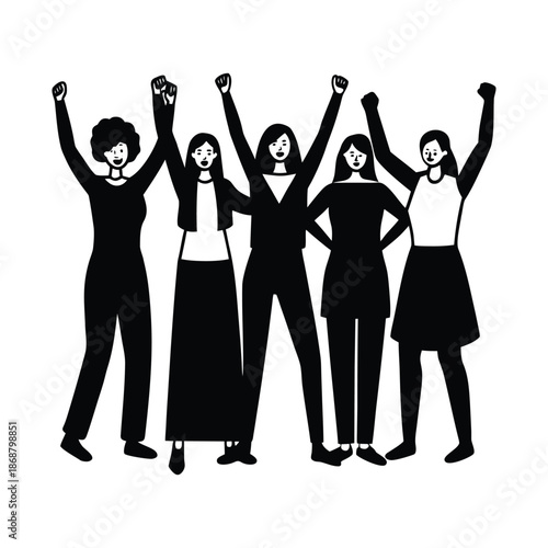 Group of diverse women standing together with raised fists in a show of solidarity and empowerment isolated on transparent background