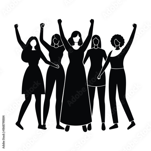 Group of diverse women standing together with raised fists in solidarity and empowerment on transparent background