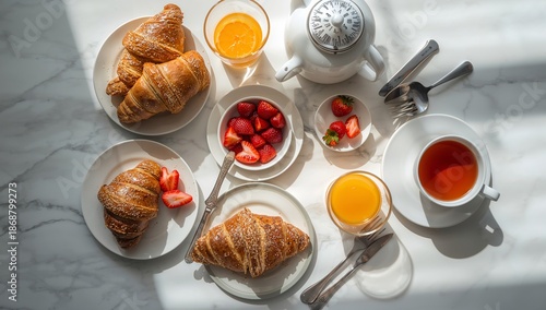 Breakfast Table With Croissants, Strawberries, Coffee, and Juice on a Sunny M...