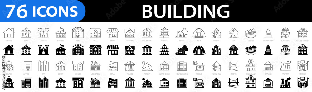Fototapeta premium Building icon set. House, office, bank, school, hotel, shop, university, hospital, restaurant, pagoda and more. Editable stroke. Vector illustration