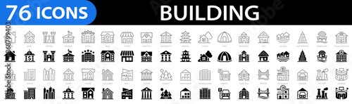 Building icon set. House, office, bank, school, hotel, shop, university, hospital, restaurant, pagoda and more. Editable stroke. Vector illustration