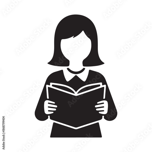 Young girl with short hair wearing a school uniform reading an open book isolated on transparent background