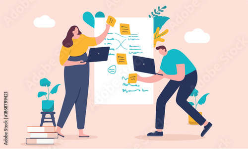Workshop work - Two businesspeople in office at work using sticky notes and white board in creative work process making plans, ideas and brainstorming together in flat design vector illustration
