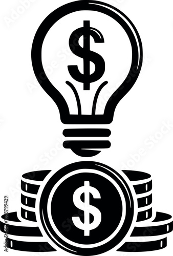 black fill vector illustration of a light bulb with a dollar sign over a stack of coins, representing the concept of profitable ideas, investment, and financial success