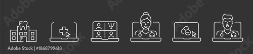 Telehealth and Online Medical Services Line Icon Set Featuring Virtual Doctor Consultation, Dental Clinic, Digital Pharmacy, Video Call Healthcare, and Remote Psychological Support Graphics.
