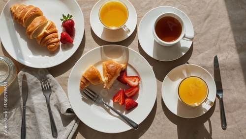 Enjoying a Breakfast Spread With Croissants, Strawberries, and Coffee on a Br...