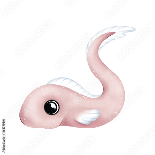 Smiling pink shark cartoon with soft textures, isolated on white, perfect for playful aquatic illustrations and kids branding.