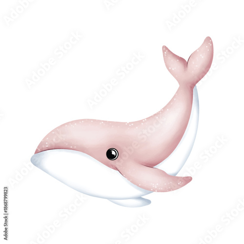 Charming pink blue whale cartoon swimming upward, isolated on white, ideal for cheerful ocean-themed designs.
