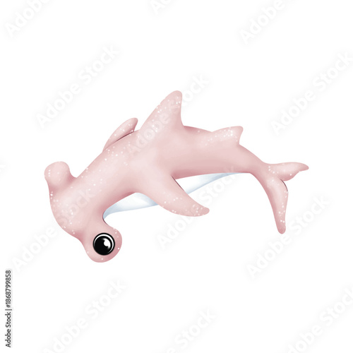 Adorable pink Hammerhead illustration with flowing tail, isolated on white, perfect for playful marine-themed designs.