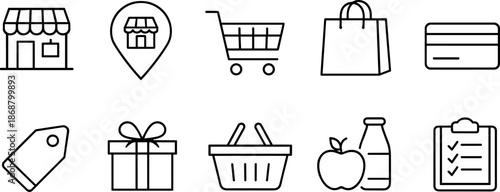 Shopping and e-commerce icons set. Cart, payment, gift, delivery outline vector symbols