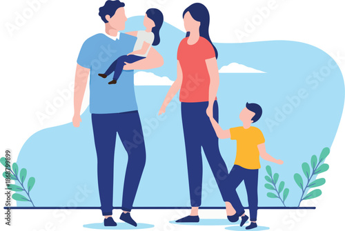 Vector family - Mother and father parents with two kids standing holding the children. Flat design illustration with white background