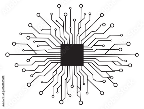 Line art illustration of a microchip depicting digital connectivity for technology designs