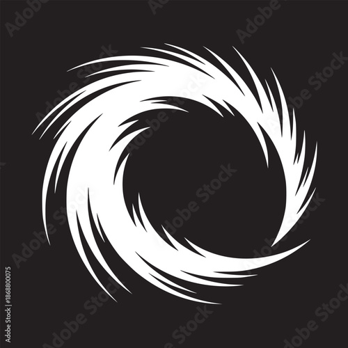 Abstract white vortex shape with sharp edges on a black background creating a circular motion effect
