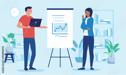 Work presentation - Two people in office presenting business and project results on flip over board with rising graph while smiling. Flat design vector illustration.