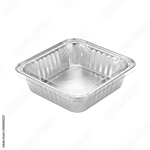 Empty silver foil food tray with clear plastic lid isolated on white background