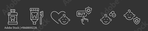 Verified Professional Care and Life Safety Management Icon Set, Minimalist Line Art Vector for Dental Oral Hygiene, Insured Online Retail Purchases, Newborn Heart Health.