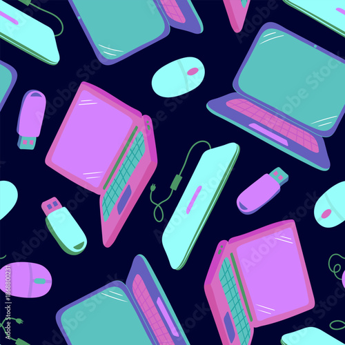 seamless pattern with laptops computer mice and usb flash drives on dark background neon flat vector illustration for web