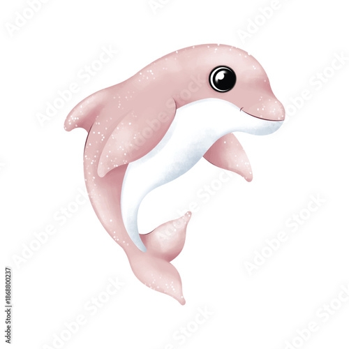 Adorable pink dolphin illustration leaping gracefully, isolated on white, perfect for playful marine and children’s design themes