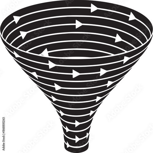 A black and white illustration of a funnel shape with horizontal lines and arrowheads pointing inward