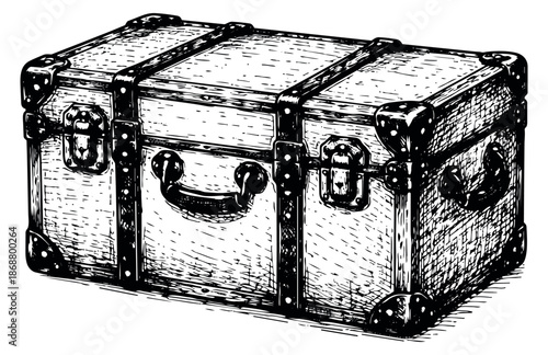 Hand drawn illustration of a vintage travel trunk depicting a classic journey for adventure