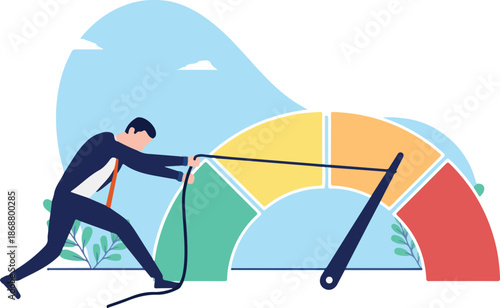Reduce business risk level - Businessman person working hard on decrease financial red alert meter and lower danger indicator on scale. Flat design vector stock illustration with white background