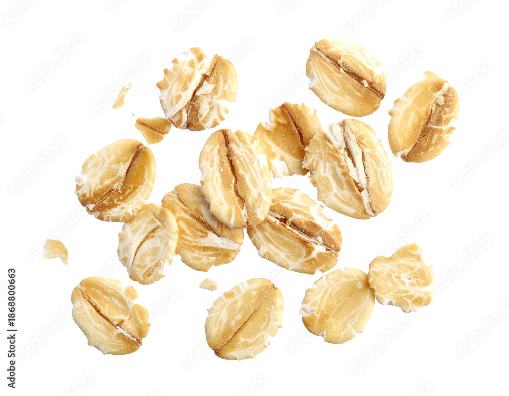 Obraz premium Falling oat flakes isolated on white background, cutout