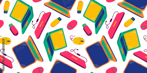 seamless pattern with colorful laptops computer mice and usb flash drives on white background bright tech illustration