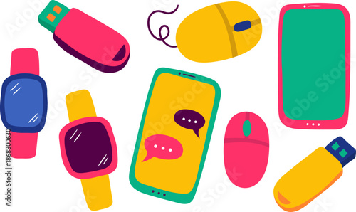 modern digital device icon set with mobile phone wearable technology and electronic accessories for web and app design