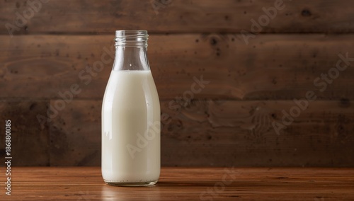 Glass Bottle Filled With Milk on Wooden Table Against Gray Background