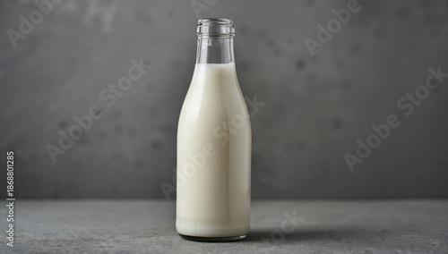 Bottle of Milk on a Wooden Table With a Plain Background in a Kitchen Setting...