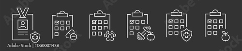 Verified Professional ID and Life Management Checklist Icon Set, Minimalist Line Art Vector for Secured Employee Identification, Medication Schedules, Pet Care Audits, Fitness Nutrition Logs, Insured.