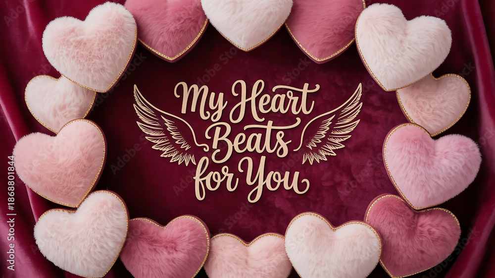 Obraz premium Fluffy pink hearts arranged around text saying My Heart Beats for You soft