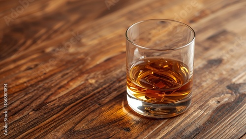 Glass of Whiskey With Ice on Wooden Table in a Cozy Setting During Evening Hours