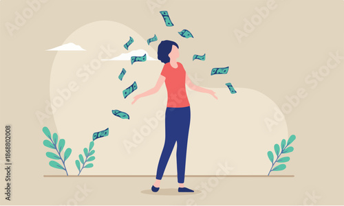 Woman making money - Rich female person standing in casual clothes achieving financial freedom. Flat design vector illustration