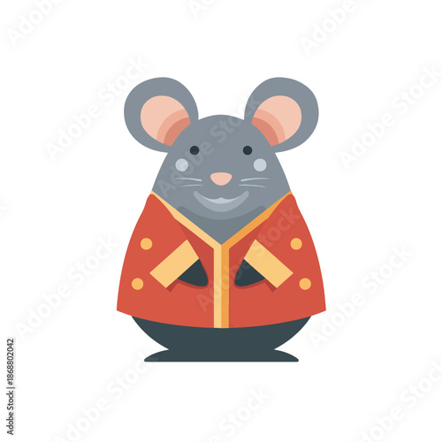 Charming, plump gray mouse character wearing a vibrant red and gold coat, depicted in a simple, modern graphic style on a white background.