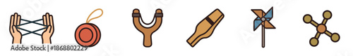 Collection of classic childhood toy icons featuring a cat's cradle, yo-yo, slingshot, whistle, pinwheel, and jack, presented in a clean, minimalist line art illustration